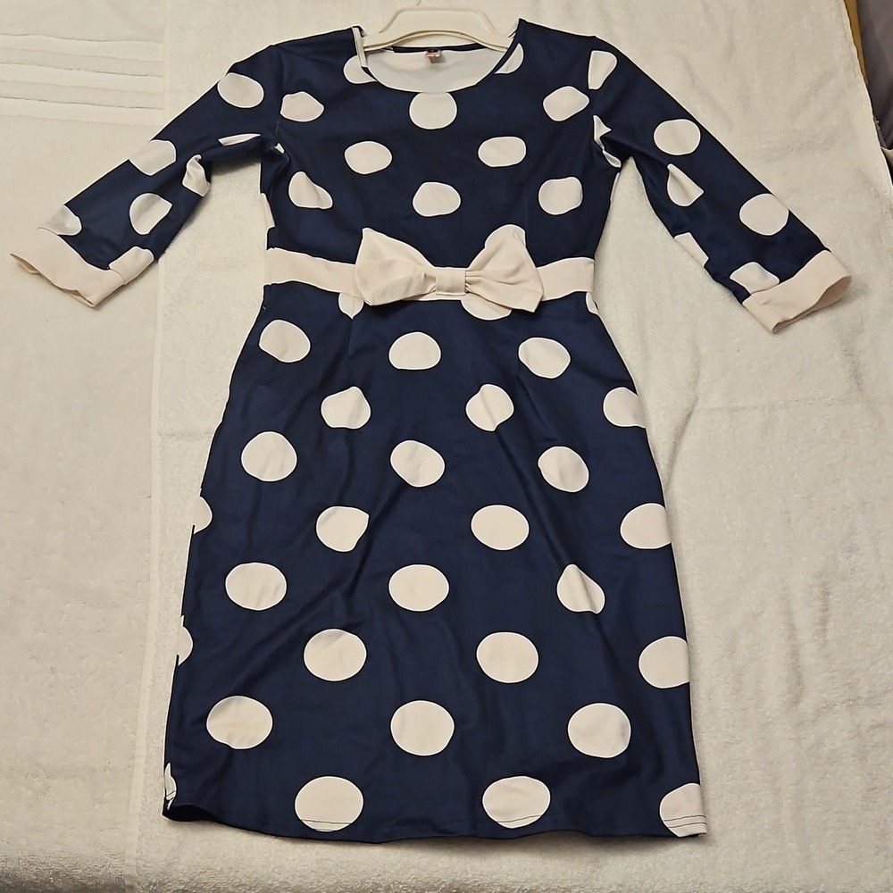 Elm Navy Blue White Polka Dot Sheath Dress Bow Waist 3/4 Sleeve Retro‎ Small